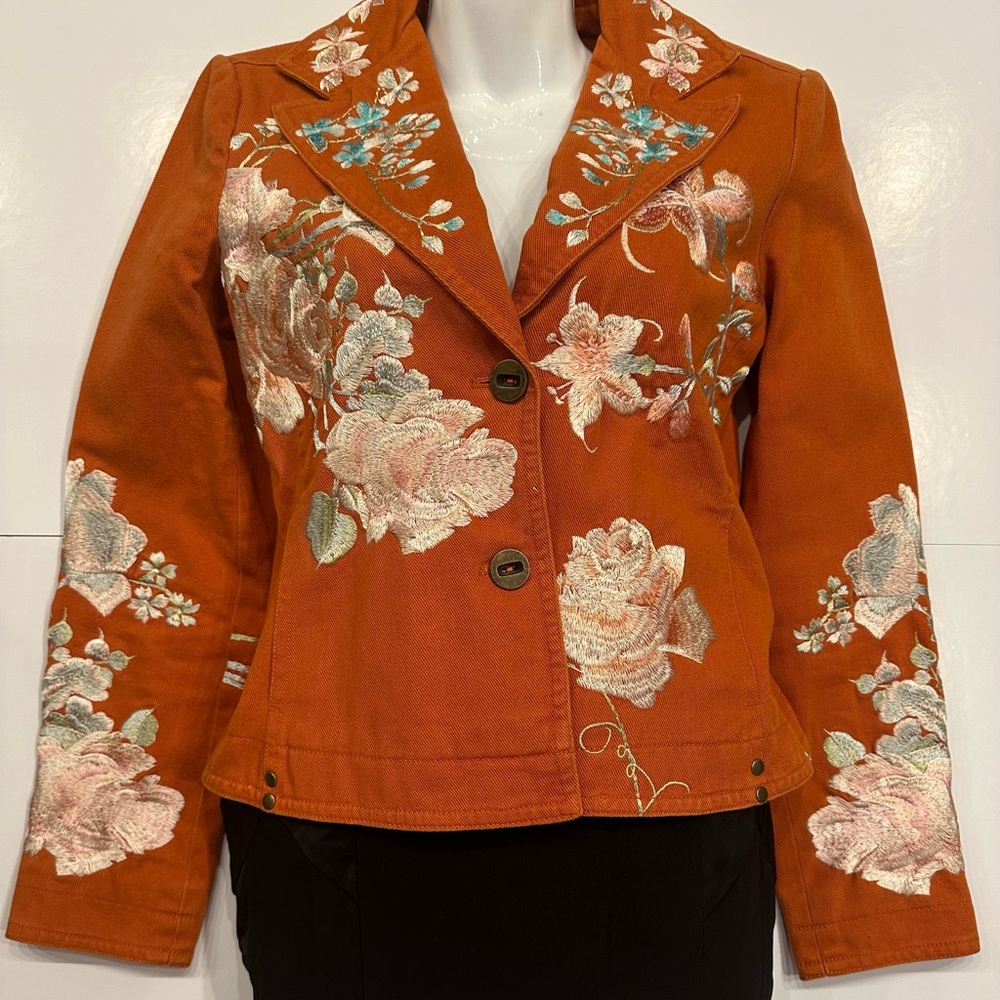 Armor Jeans Floral Embroidered Orange Jacket Size S